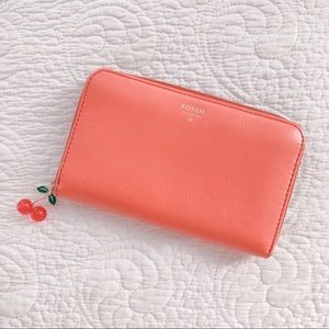 Fossil Coral Pink Colored Leather Wallet with Cherry Zipper-pull 🍒